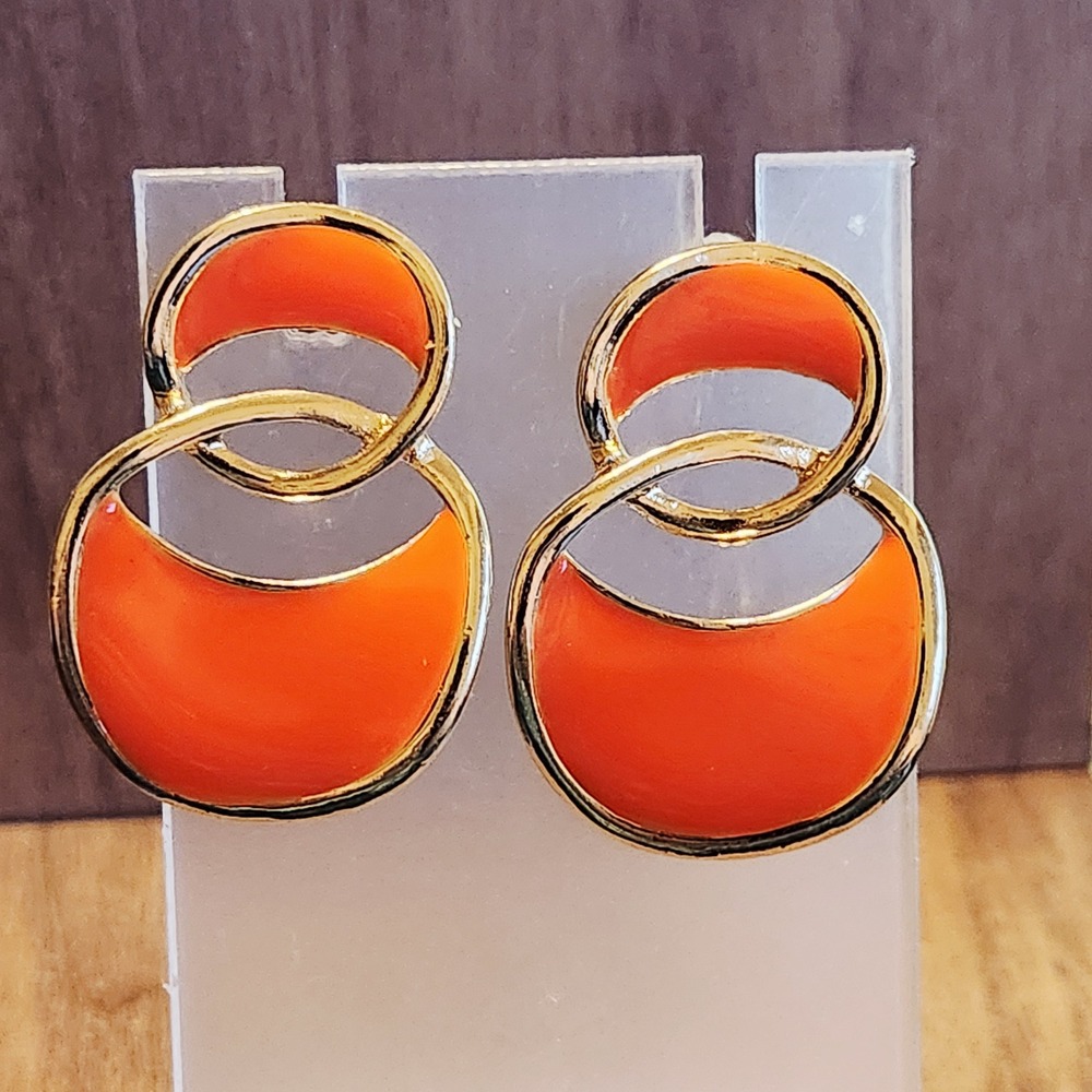 Orange Enamel‎ Gold Tone Interlocking Double Hoop Geometric Statement Earrings